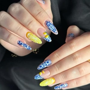 Handmade Lemon Blue Floral Press On Nails | 3D Fruit Slices & Ceramic Pattern Design | Almond Nails for Summer Aesthetic Look