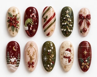 May include: A set of ten oval-shaped nail art tips featuring Christmas designs including a poinsettia, a green hand with a candy cane, candy cane stripes, a pine tree, a red bow, a winter cabin, a reindeer, holly, a snowman, and plaid.