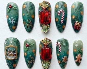 May include: A set of ten almond-shaped press-on nails featuring a dark green pine branch background with festive holiday motifs including red wrapped candies, candy canes, gold reindeer, holly berries, gift boxes, and a miniature winter scene.