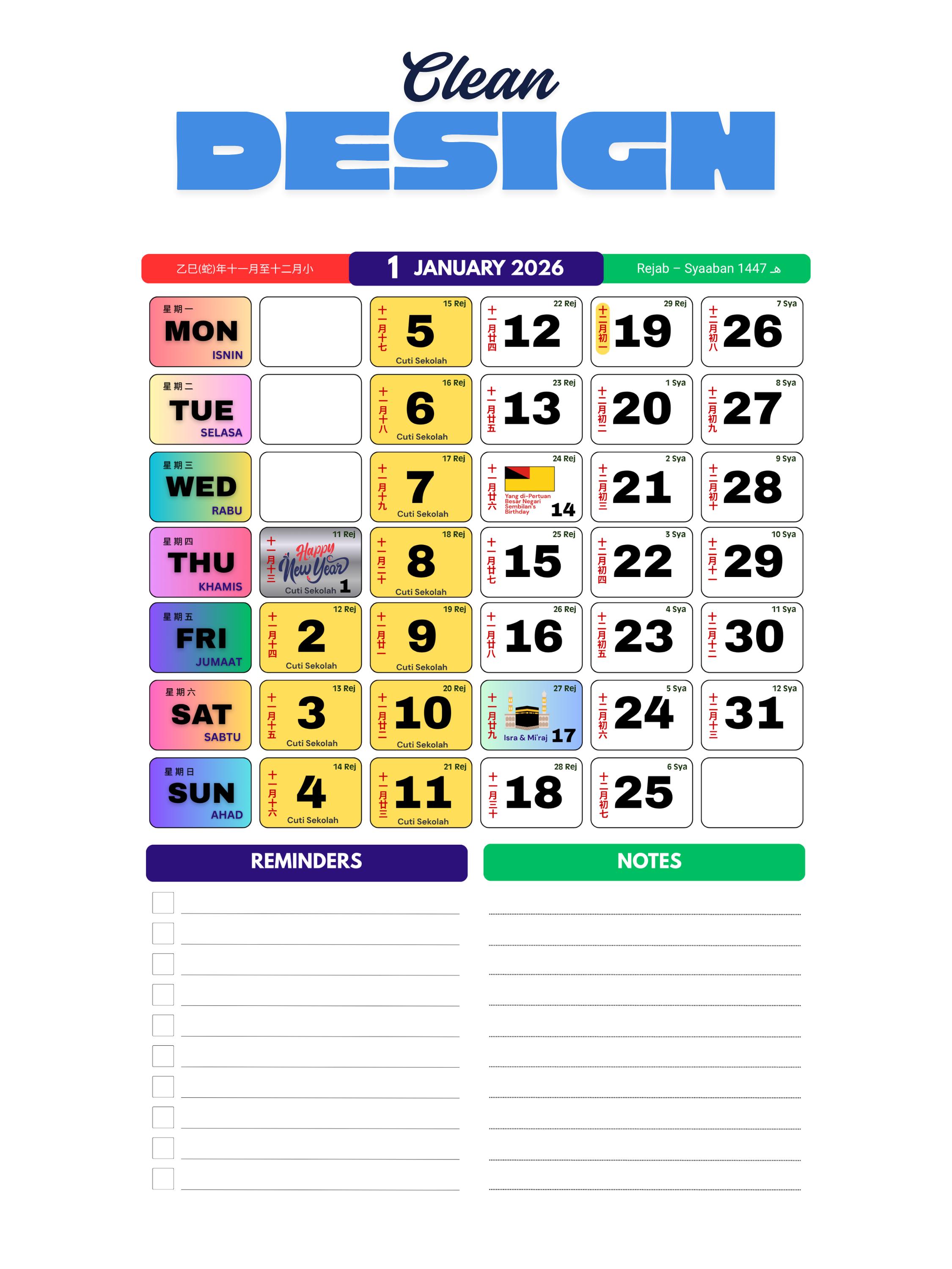 2026 Malaysia Calendar Printable | Personal Planner | Malaysian Public