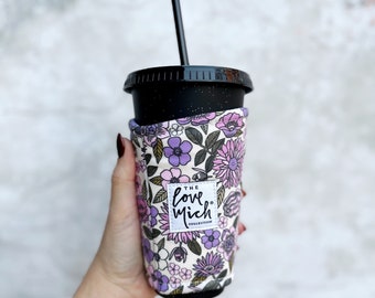 Retro Purple Floral - Coffee Cozy - Drink Sleeve - Beverage Holder - Iced Coffee