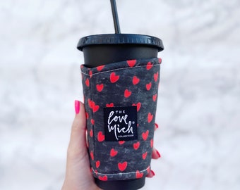 Red Hearts on Chalkboard Black - Coffee Cozy - Drink Sleeve - Beverage Holder - Iced Coffee