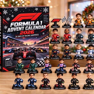 May include: A Formula 1 2026 advent calendar box featuring a race track graphic and twenty-four miniature racing driver figurines in various team uniforms, each displayed on a small black base with a helmet accessory.