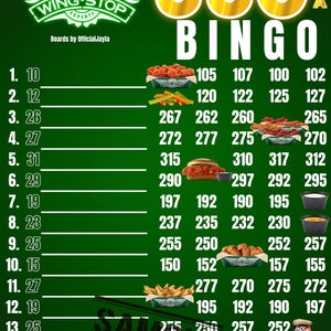 May include: A green and gold bingo card with the text "350 Bingo" and "Wing Stop" branding. The card features numbered squares, food illustrations, and the text "Boards by OfficialJayla".