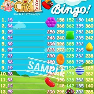 Puede incluir: Un tablero de Bingo de Candy Crush Saga con caramelos coloridos y números. El tablero presenta el logotipo del juego, el texto "Bingo!" y las palabras "Boards by OfficialJayla". El fondo es un degradado de azul y verde.