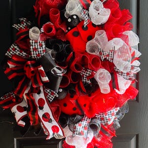 Lucky Ladybug Banger Hanger | Whimsical Teardrop Door Swag | Red, Black & White Bold Statement Decor