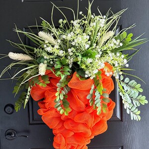 Bold Spring Carrot Wreath | Oversized Orange Mesh Easter Door Decor | Handmade Spring Wreath | Unique Banger Hanger Porch Statement
