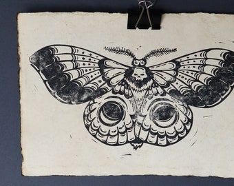 Death Moth Lino Print on Hand Made Paper