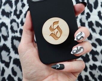 Gothic Monogram Wooden Engraved Phone Grip - Custom Name Phone Grip