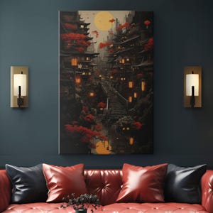Japanese Lanterns at Night Scene Canvas Print &quot;Luminous Serenity&quot;| Fabulous Night Scenery Wall Art | Traditional Architecture Lanterns Glow