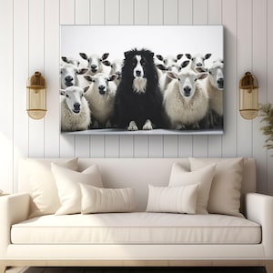Sheep Dog Canvas Decor &quot;Sheep&#39;s Guardian&quot; | Farmhouse Wall Art, Rustic Herding Dog Print, Border Collie Artwork Country Farm Life Home Decor