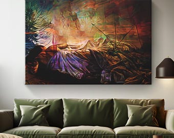 Camping Canvas Art  "Fireside Dreams" | Campfire Art Wall Hanging | Camper Gifts Abstract Painting Art | Aesthetic Interpretation Wall Decor