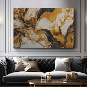 Gold Black Cream Marble Canvas Art Print Wall Art &quot;Elegant Gold & Cream Marble&quot; | Gold Abstract Wall Art | Large Above Couch Wall Decor