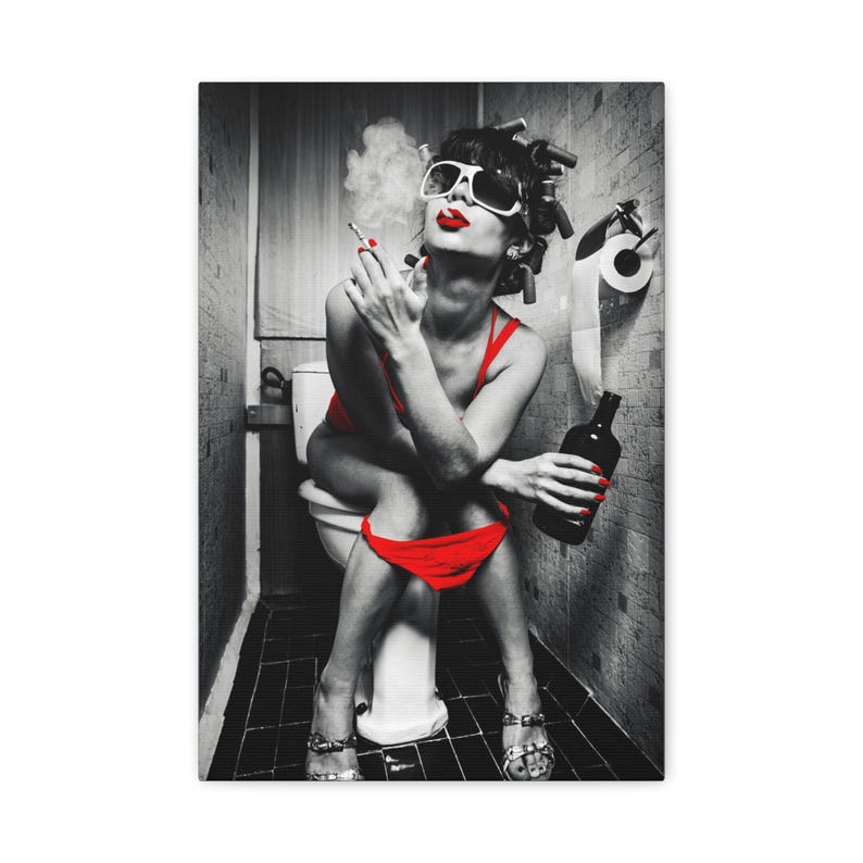 Smoking Woman Bathroom Canvas Art "Reign of Smoke and Spirits" | Black & Red Toilet Wall Decor | Woman Vintage Photo Canvas | Restroom Decor image 4