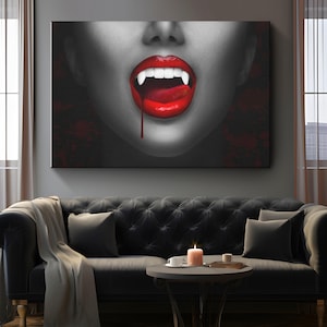 Seductive Vamp Black And White Canvas Wall Art Of A Female Vampire With Red Lipstick | Vampire Art Print | Gothic Home Decor | Goth Theme