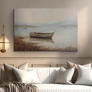 Fishing Boat on a Calm Lake Rustic Oil Painting Canvas Art &quot;Tranquil Waters&quot;| Serene Lakeside Wall Art | Wooden Boat Art | Fisherman&#39;s Gift