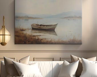 Fishing Boat on a Calm Lake Rustic Oil Painting Canvas Art "Tranquil Waters"| Serene Lakeside Wall Art | Wooden Boat Art | Fisherman's Gift