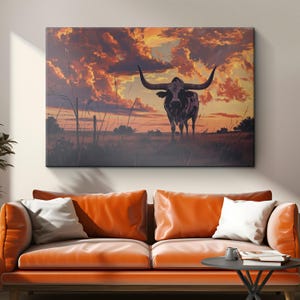 Lofi Rustic Longhorn Canvas Art "Rustic Longhorn Harmony"| Wild West Animal Texas Cattle Wall Art | Contemporary South Western Ranch Decor