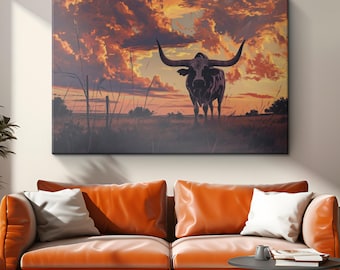 Lofi Rustic Longhorn Canvas Art "Rustic Longhorn Harmony"| Wild West Animal Texas Cattle Wall Art | Contemporary South Western Ranch Decor