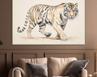 Tiger Canvas Wall Art "Vintage Tiger Stalking" | Vintage Tiger Print | Pacing Tiger Art | Minimalist Tiger Art Print | Wildlife Room Decor