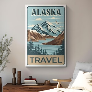 Vintage Alaska Travel Poster Canvas Print &quot;Northern Frontier&quot;| Alaskan Lake Mountain Wall Art | Tranquil Countryside Art | Travelers Gift
