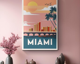 Póster vintage de viaje a Miami en colores pastel, impresión en lienzo "Pastel Paradise"/Regalo de arte de pared de viaje a Miami/Obra de arte de paisaje urbano de Florida/Arte escénico en lienzo