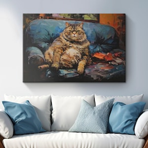 Vintage Hilarious Morbidly Obese Cat Palette Painting Canvas Art &quot;Plump & Purr&quot;| Playful Feline Wall Art | Humorous Cat Lover Mom Dad Gifts