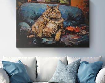 Vintage Hilarious Morbidly Obese Cat Palette Painting Canvas Art "Plump & Purr"| Playful Feline Wall Art | Humorous Cat Lover Mom Dad Gifts