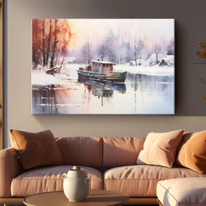 Winter Lake Beautiful Scenery Landscape Canvas Wall Art &quot;Winter Serenity&quot;| Snowy Landscape Canvas Art | Nature-inspired Wall Decor
