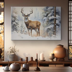 Winter Buck Deer Standing in the Snow Watercolor Painting Canvas Print &quot;Winter Majesty&quot;| Christmas Winter Canvas Art | Snowy Forest Wall Art