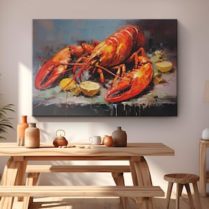 Lobster Meal Palette Knife Painting Canvas Art &quot;Ocean Feast&quot;| Coastal Lobster Wall Art | Minimalist Seafood Artwork | Red Foodie Art Gifts