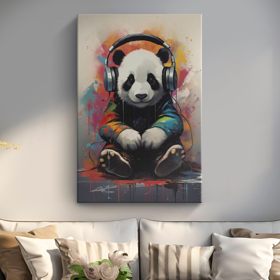 Cute Bay Panda With Headphones Graffiti Canvas Art "groovy Beats ...
