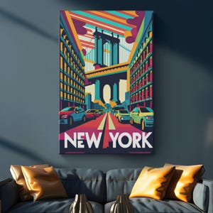 New York Travel Poster Canvas Wall Art &quot;Manhattan Majesty&quot; | Manhattan Bridge in New York Wall Art | Iconic Cityscape NYC Bridge Wall Art
