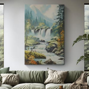 Vintage Beautiful Waterfall Oil Painting Canvas Art &quot;Cascading Beauty&quot;| Tranquil Nature Wall Art | Beautiful Landscape Relaxing Home Decor