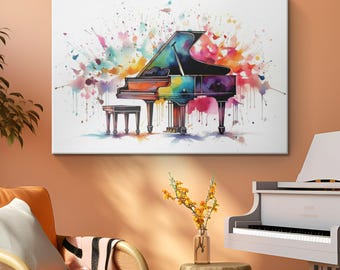 Décoration murale en toile piano aquarelle colorée « Rhapsody in Hues » | Décoration murale piano classique | Cadeaux pour pianiste | Décoration de salle de musique | Cadeau professeur de piano