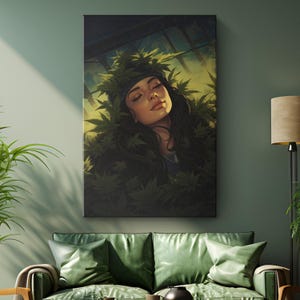 Woman Cannabiss Farmhouse Canvas Wall Decor &quot;Ethereal Blossom&quot; | Natural Wall Art | Hemp Green Leaves Wall Decor | Marijuana Canvas Art