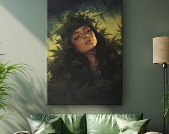 Woman Cannabiss Farmhouse Canvas Wall Decor "Ethereal Blossom" | Natural Wall Art | Hemp Green Leaves Wall Decor | Marijuana Canvas Art