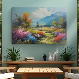 Vintage Colorful Wildflower Meadow Painting Canvas Art &quot;Meadow Melody&quot;| Beautiful Nature Flower Garden Wall Decor | Scenic Meadow Wall Art