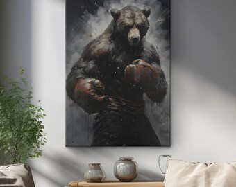 Cool Bear Wearing Boxing Gloves Dramatic Oil Painting Dark Canvas Art "Fierce Combatant"| Large Black Bear Wall Decor | Boxer Bear Gifts