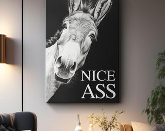 Funny Donkey Bathroom Canvas Print "Nice Donkey Black"| Comical Black White Wall Art | Whimsical Restroom Decor | Humorous Toilet Art