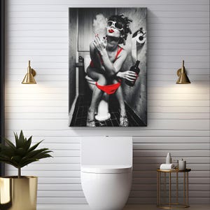 Smoking Woman Bathroom Canvas Art "Reign of Smoke and Spirits" | Black & Red Toilet Wall Decor | Woman Vintage Photo Canvas | Restroom Decor image 2