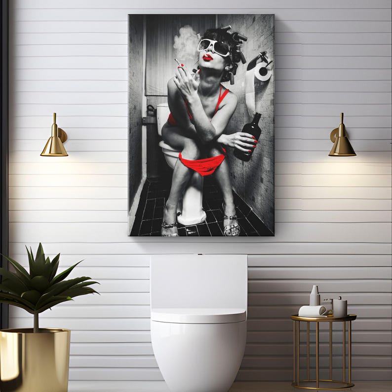 Smoking Woman Bathroom Canvas Art "Reign of Smoke and Spirits" | Black & Red Toilet Wall Decor | Woman Vintage Photo Canvas | Restroom Decor image 2