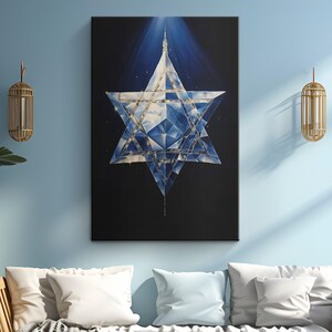Silver Star of David Jewish Symbol Blue Canvas Art &quot;Starlit Heritage&quot;| Symbolic Jewish Wall Art | Modern Hebrew Home Decor | Hanukkah Gifts