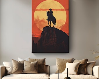 "Western Leinwand ""Cowboy's Sunset Side"" | Orange Sonnenuntergang Leinwand Druck | Cowboy reitet ein Pferd Wandkunst | South Western Dekor | Vintage Kunst
