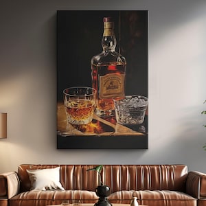 Vintage Bourbon Art Bottle and Ice Glass Oil Painting Canvas &quot;Retro Whiskey Charm&quot;| Liquor Bottle Art| Bourbon Wall Art| Man Cave Wall Decor