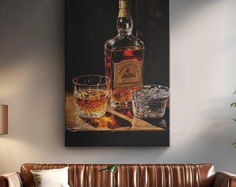 Vintage Bourbon Art Bottle and Ice Glass Oil Painting Canvas "Retro Whiskey Charm"| Liquor Bottle Art| Bourbon Wall Art| Man Cave Wall Decor