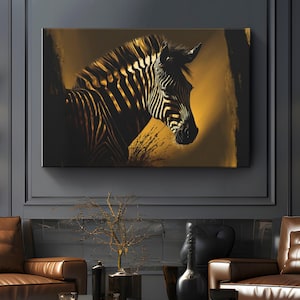 Zebra Canvas Art &quot;Majestic Zebra Stripes&quot; | Animal on Canvas Wall art | Animal Canvas Prints | Black Gold Zebra Wall Art | Dark Canvas Art