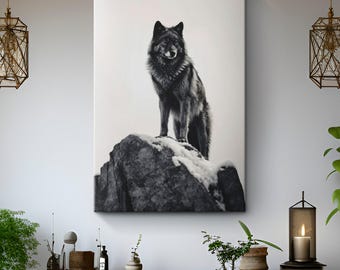 Black Wolf on Snowy Mountain Dramatic Black White Photography Canvas Art "Shadowed Majesty"| Black Winter Wolf Wall Art | Wildlife Wall Art