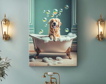 Golden Retriever Canvas Art "Bath Time Bliss" | Dog in a Bathtub Wall Art | Dog in a Bathroom Canvas Wall Decor | Funny Bathroom Dog Art