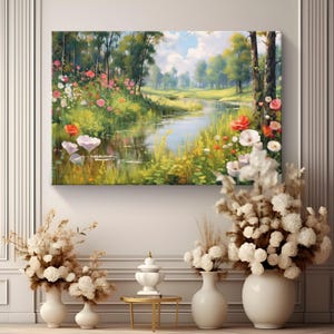 Lake Art Canvas &quot;Vintage Floral Bliss&quot; | Landscape Oil Painting Art | Vintage Wall Art Prints | Beautiful Scene Nature Landscape Wall Art